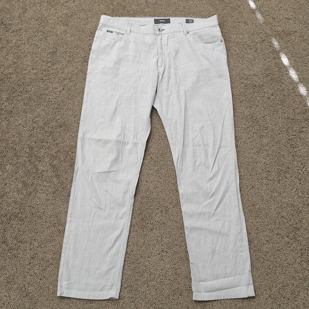 Brax Cooper Regular Fit Pants‎ Mens 38/32 Light Grey Cotton Stretch Micro Check